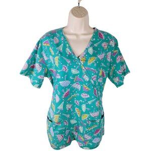 Carol's Scrub Women's Scrub Top Size Small Umbrella Heart Print Teal